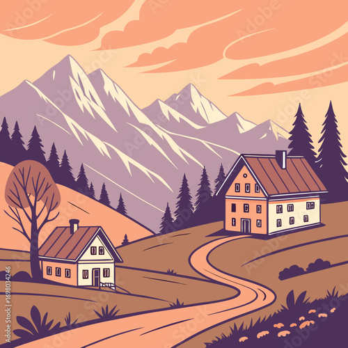 Charming alpine cottages nestled amidst majestic mountains under a warm sunset sky