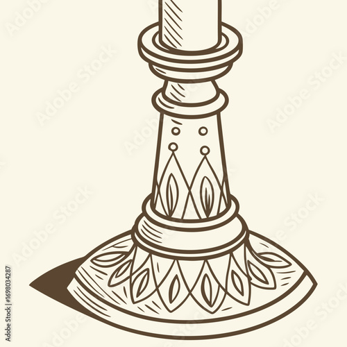 Detailed illustration of an ornate antique brass candlestick with decorative patterns and a shadow