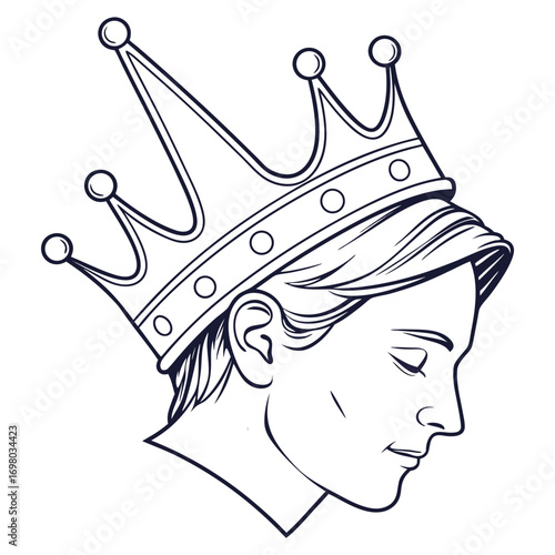 Elegant line art drawing of a young person wearing a royal crown in profile view