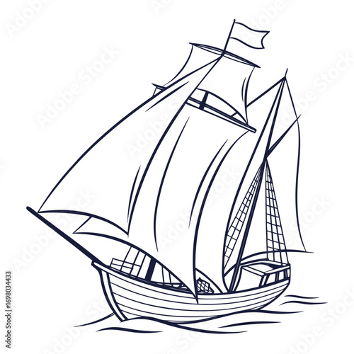 Elegant line art drawing of a classic sailing ship with full sails on a wavy sea