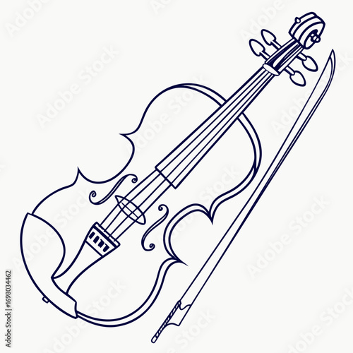 Elegant outline drawing of a violin and bow on a white background representing classical music