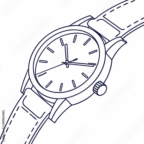 Elegant minimalist line art illustration of a classic wristwatch with a leather strap and clean dial