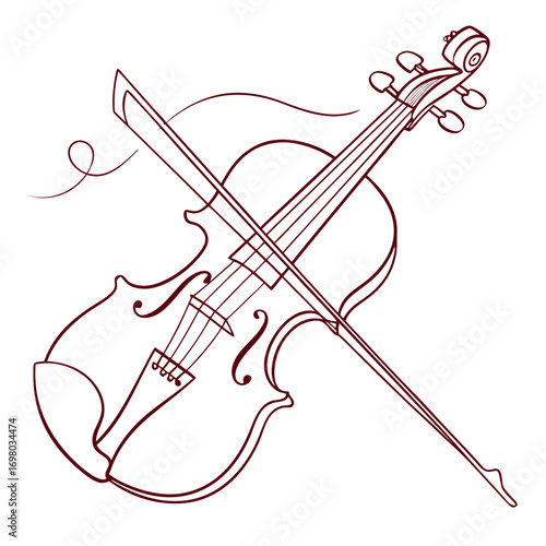 Elegant outline drawing of a violin and bow with swirling musical notes on a white background