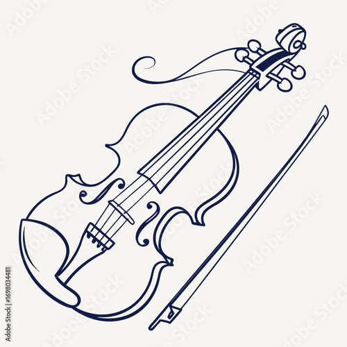 Elegant outline illustration of a classical violin and bow on a plain background