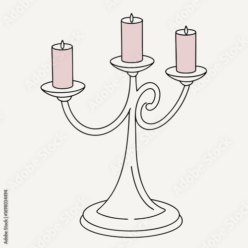 Elegant three armed candelabra with pink candles and a decorative swirling stem on a light background