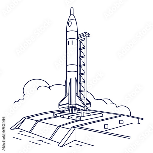 Outline illustration of a rocket on a launchpad with smoke clouds ready for space exploration