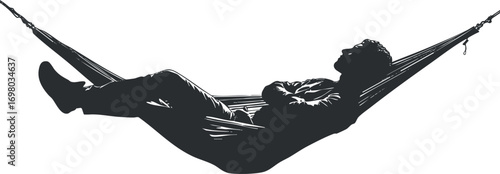 A silhouette of a person relaxing in a hammock, enjoying a peaceful moment outdoors. Black on transparent background.