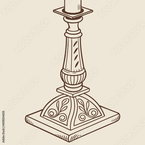 Ornate antique candlestick with decorative carvings and a square base on a neutral background