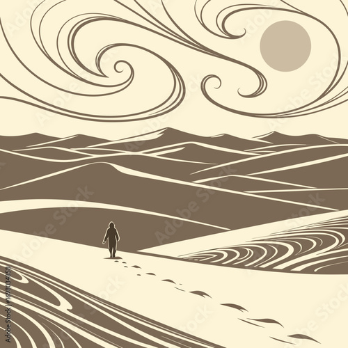 Solitary figure walks across vast desert dunes leaving footprints under a stylized swirling sky and sun