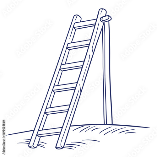Simple wooden ladder standing on ground with support beam against white background