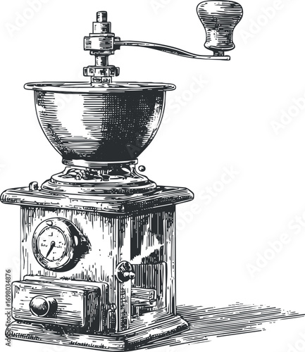 Vintage manual coffee grinder with a bowl and hand crank ideal for brewing fresh coffee. Black on transparent background.