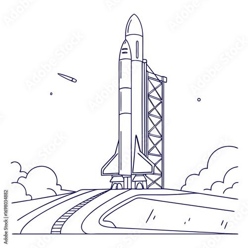 Space shuttle standing on launchpad with clouds and a small object flying in the sky