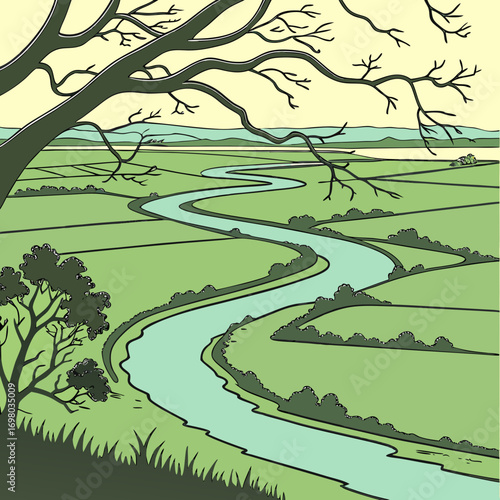 Stylized illustration of a winding river flowing through green agricultural fields under a bare tree