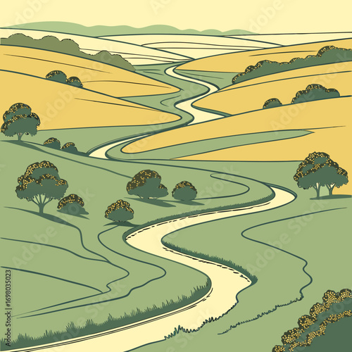Stylized illustration of a winding road through rolling green hills and yellow fields under a pale sky