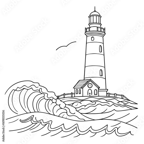 Stylized line art illustration of a lighthouse standing tall beside crashing ocean waves and a flying bird