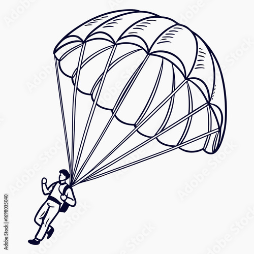 Stylized line art illustration of a person skydiving with an open parachute against a white background
