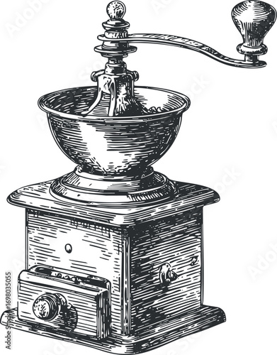 A vintage coffee grinder showcasing a classic design with a wooden base and metal components. Black on transparent background.