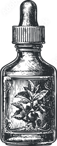 Vintage herbal extract bottle with dropper showcasing botanical design and intricate details. Black on transparent background.