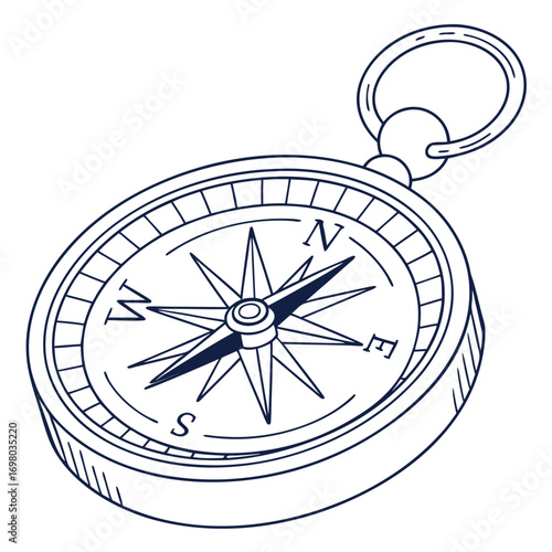 Vintage style hand drawn compass with cardinal directions and a hanging loop on a white background