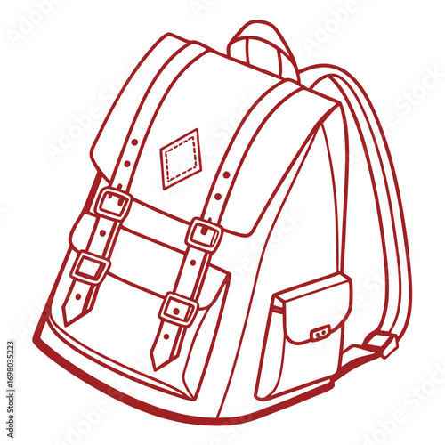 Vintage style leather backpack with buckles and straps hand drawn outline illustration