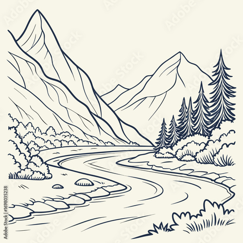 Winding river valley with majestic mountains and pine trees in a stylized outline drawing