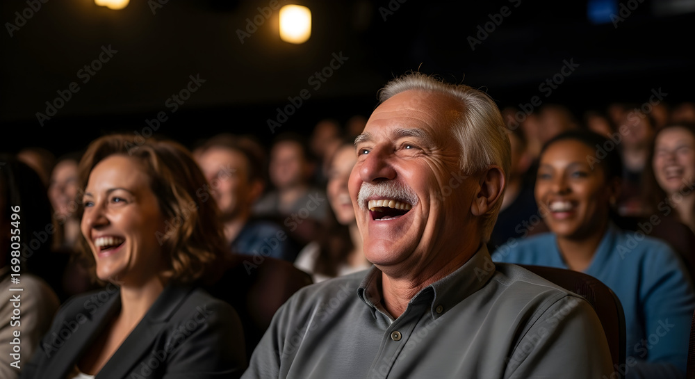 Obraz premium Happy audience laughing at a comedy show enjoying the film movie theater entertainment fun joy happiness laughter cinema people smiling joyful moviegoers
