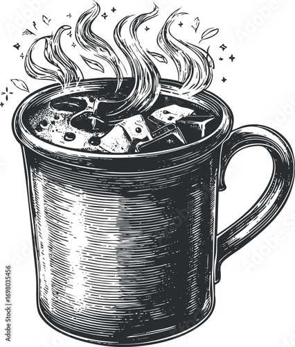 A vintage illustration of a steaming mug filled with a hot beverage and ice cubes. Black on transparent background.