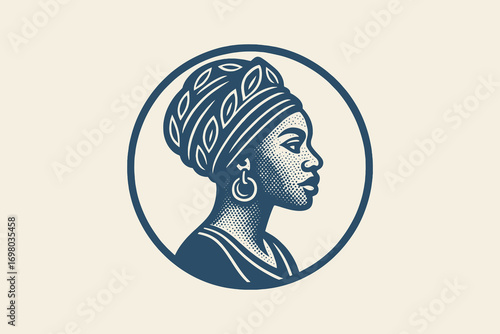 African woman portrait engraved emblem vector illustration