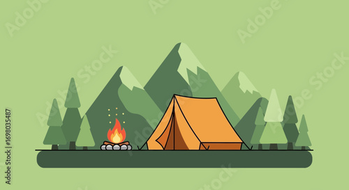 Minimalist flat design illustration of a peaceful campsite with an orange tent, bonfire, and mountain landscape at dusk