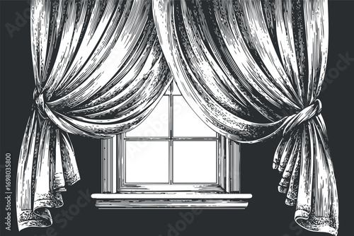 Hand-drawn vintage curtains framing a window, showcasing elegant interior design elements. Black on transparent background.