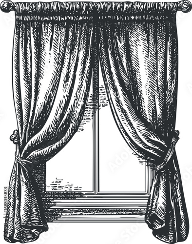Vintage illustration of a decorative curtain draping over a window in a classic style. Black on transparent background.