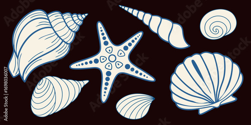 A vibrant collection of tropical seashells, starfish, and other marine life is scattered on a sandy beach. Minimalist line art. editable vector design