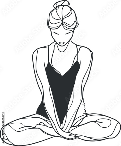 A minimalist line drawing of a woman practicing yoga and meditation for wellness and relaxation. Black on transparent background.