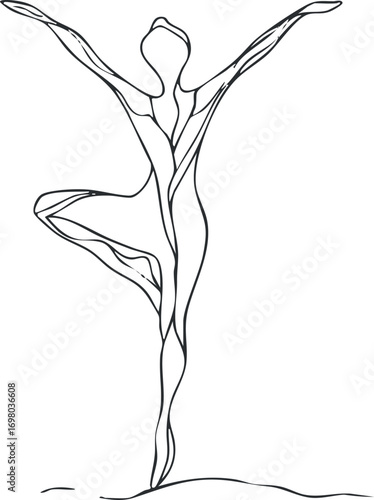 A graceful dancer in a dynamic pose illustrated with clean lines and abstract form. Black on transparent background.