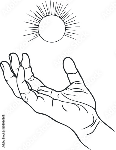 Illustration of a hand reaching towards a radiant sun, symbolizing hope and positivity. Black on transparent background.