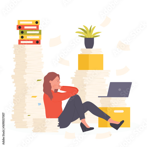 Bureaucracy, employees stress from paperwork overload in office vector illustration. Cartoon frustrated tired woman sitting near big piles of paper documents, stack of unorganized messy folders