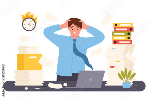 Messy paperwork, office bureaucracy and overtime hardwork of employee vector illustration. Cartoon busy tired frustrated man standing at desk with unorganized paper documents, laptop and boxes
