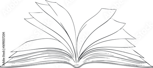 An illustration of an open book with pages fanned out, symbolizing knowledge and education. Black on transparent background.
