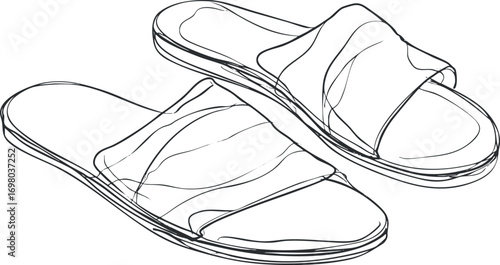 Minimalist line art illustration of stylish slippers perfect for casual summer wear. Black on transparent background.