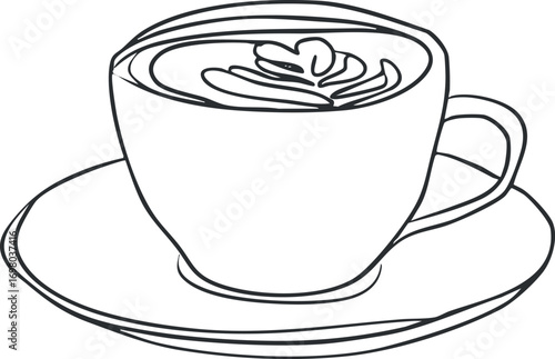A minimalist line art illustration of a coffee cup with latte art on a saucer. Black on transparent background.