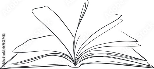 An artistic illustration of an open book with pages fanned out for creative purposes. Black on transparent background.