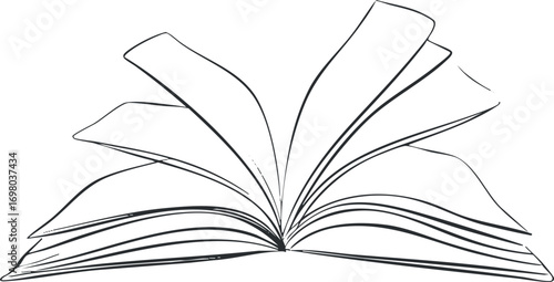An illustration of an open book with visible pages, symbolizing reading and education. Black on transparent background.