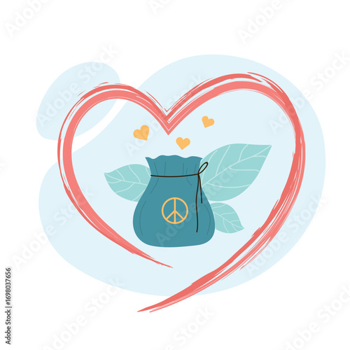 Donation bag inside line of heart drawn with brush Charity concept. Support and care from community of people flat vector illustration.