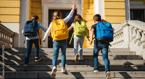 Back to school happy kids running up steps excited for new year education learning childhood friendship students backpack bags elementary school children school building stairs joyful