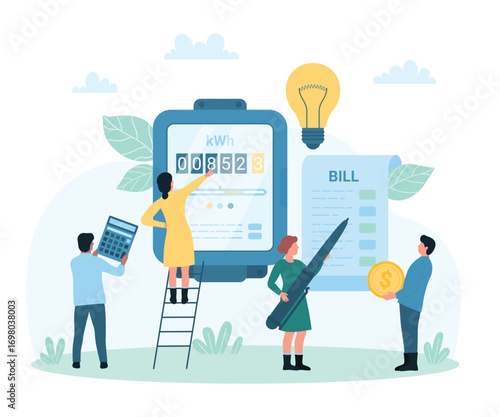 Electricity bill payment vector illustration. Cartoon tiny people manage and check electric meter readings with calculator and pen, pay cash money from family budget after paper invoice inspection