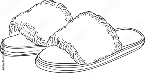 Cozy and comfortable fuzzy slippers ideal for home relaxation and casual wear. Black on transparent background.