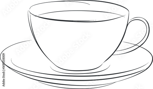 A minimalist outline illustration of a cup with a saucer perfect for beverage designs. Black on transparent background.