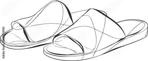 Stylish line art illustration of a pair of casual slippers suitable for indoor and outdoor use. Black on transparent background.