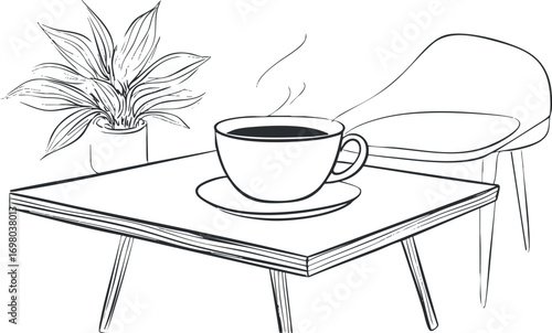 A minimalist illustration of a coffee cup on a table with a plant and a chair. Black on transparent background.