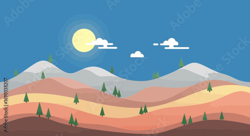A minimalist vector illustration of a scenic mountain landscape with colorful rolling hills, pine trees, and a bright sun in a clear blue sky
